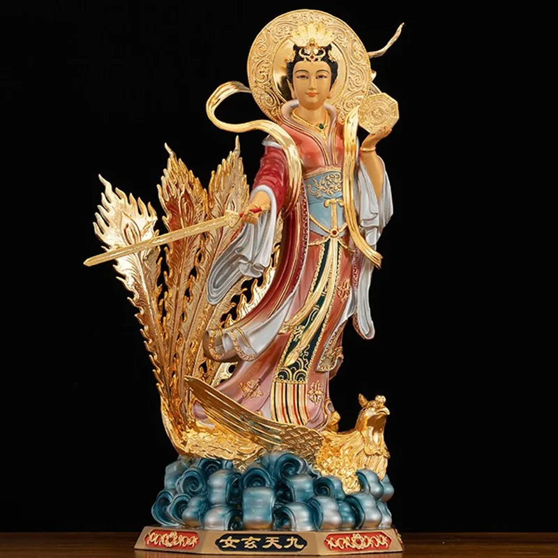 Estatua de Jiutian Xuannu de latón macizo pintado dorado