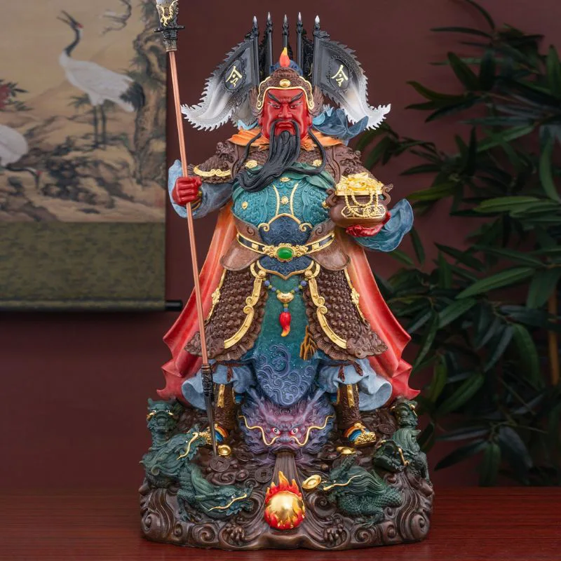 Estatua de Guan Yu con espada de alabarda de latón de nueve dragones