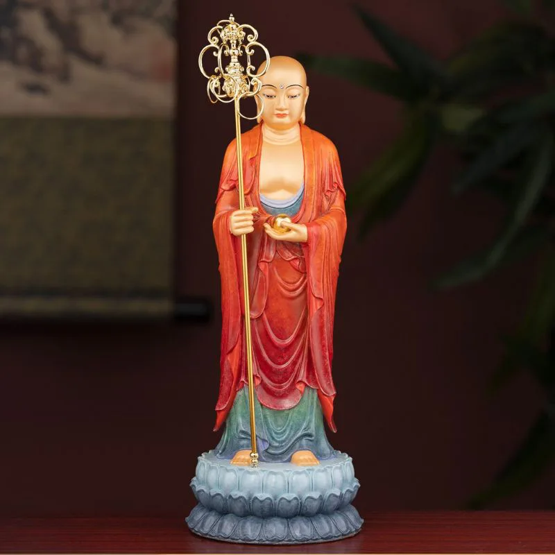 Estatua de Ksitigarbha del personal de altar de pie de latón de primera calidad